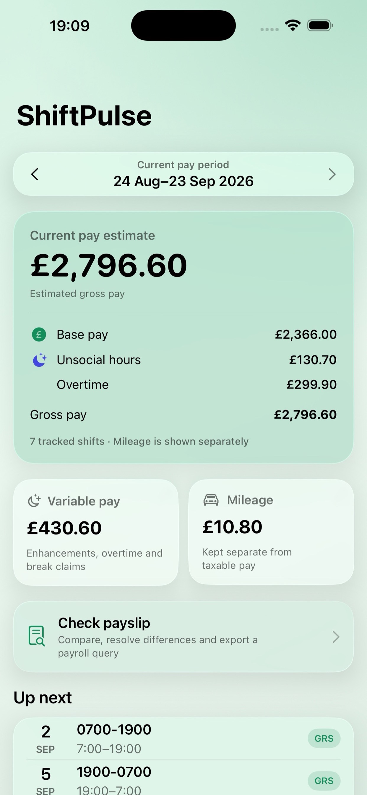 ShiftPulse pay overview showing a clear breakdown of estimated earnings